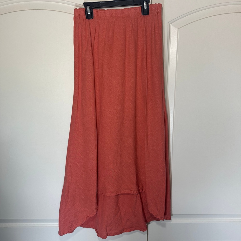 Bryn Walker Linen High Low Skirt Womens Large Coral Grapefruit Made in USA